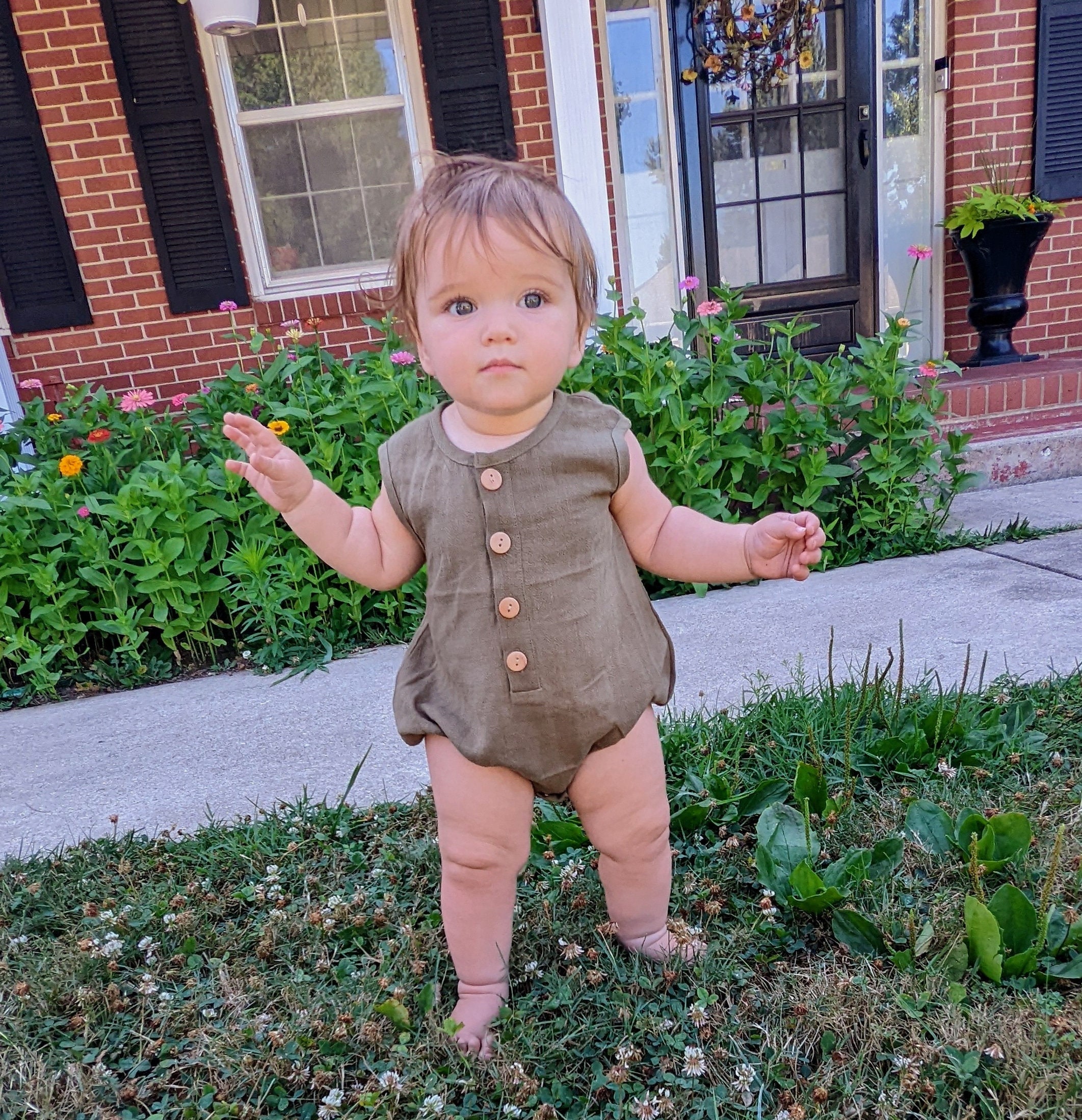 Olive Green Linen Baby Romper