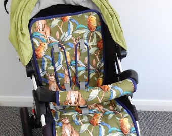 Pram Liner, Strap Cover and Velcro Bar Cover Options (Padded & Cotton Outer) Baby and Kids: Kangaroos in the Banksia Bush
