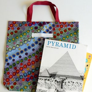 Library Book / School bag with Cardholder & Name Label Tag: Indigenous Australia, bright painting Print, rainbows, dot painting