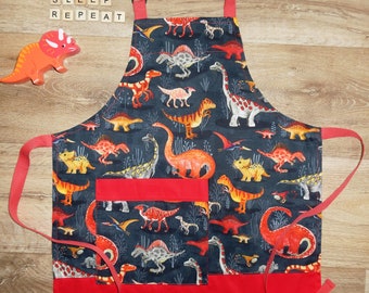 Kids Childrens Apron; Heavy cotton; pocket; Adjustable; Dinosaurs; red; colourful; pocket, 3-7yr old; cooking; toddler; kid; birthday