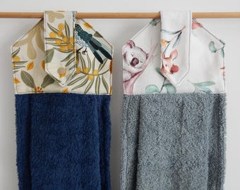 NEW LENGTH: Hanging hand towel, kitchen hand towel, laundry hand towel, bathroom cotton towel, Wattlebird, Australian animal theme, Koala