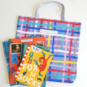 Library Book / School bag with Cardholder & Name Label Tag: Purple Slash and Splash Colour
