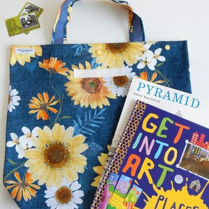NEW SIZE and DESIGN Library Book School bag, Cardholder, Name Label Tag: Sunflower Sunshine Flower Denim Look