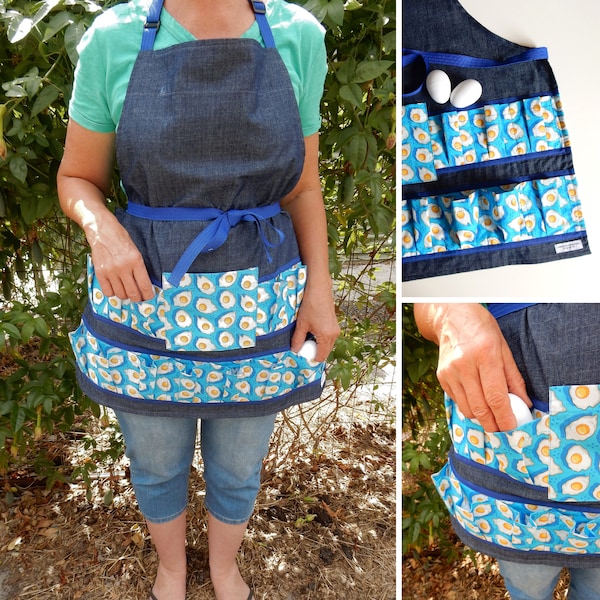 Adults Egg Collection Collecting Gathering Picking Apron, full body, Easter, Denim Look, Fried Egg, Modern, Mens, Womens, Unisex