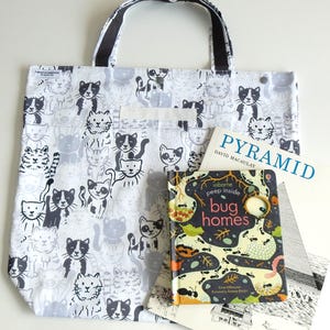 NEW SIZE and DESIGN Library Book School bag, Cardholder, Name Label Tag: White Sketchy Cats and Kittens, Pussycat