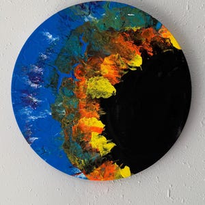 Abstract Circular Canvas Art: Bold Blue, Orange, Yellow Acrylic Painting