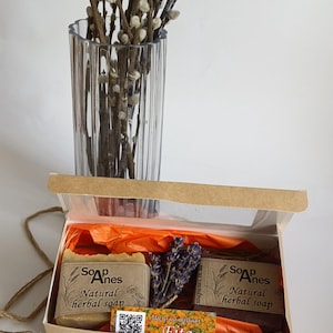Sapone naturale fatto a mano alle erbe in scatola, set regalo, calendula, polvere di semi d'uva
