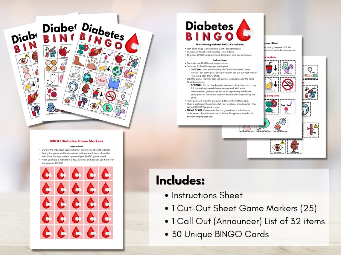 Diabetes BINGO Card Game 30 Game Boards Type 2 Diabetes - Etsy Canada
