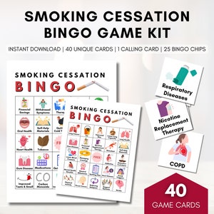 Può includere: Un kit di gioco del bingo per smettere di fumare stampabile con 40 schede di gioco uniche, una scheda di chiamata e 25 gettoni da bingo. Le schede di gioco presentano vari rischi per la salute e benefici associati a smettere di fumare, come malattie respiratorie, terapia sostitutiva della nicotina e miglioramento del gusto e dell'olfatto.