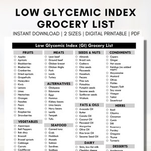 Lista de compras de índice glucémico bajo, lista de compras de dieta gastrointestinal, planificación de comidas para diabéticos, nutrición, azúcar en sangre, diabetes tipo 2 (imprimible digital)