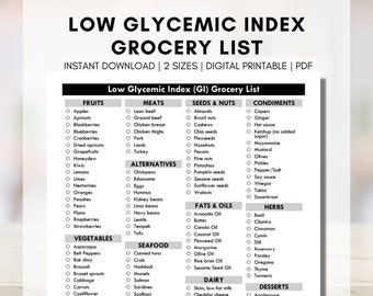Low Glycemic Index Grocery List, GI Diet Shopping List, Diabetic Meal Planning, Nutrition Blood Sugar, Type 2 Diabetes (Digital Printable)