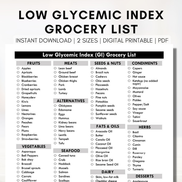 Low Glycemic Index Grocery List, GI Diet Shopping List, Diabetic Meal Planning, Nutrition Blood Sugar, Type 2 Diabetes (Digital Printable)