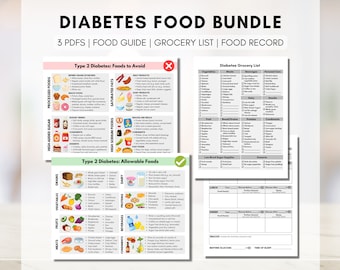 Diabetes Food Guide, Grocery List, Daily Food Tracker, Bundle Set, Type 2 Diabetes, Education Resources (Digital Printable)