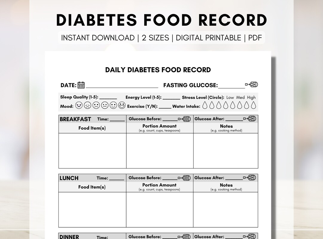 Diabetes Food Journal, Blood Sugar Log, Type 2 Diabetes Tracker