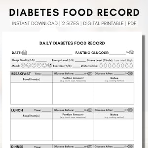 Diabetes Food Journal, Blood Sugar Log, Type 2 Diabetes Tracker, Diabetes Food Management, Education Worksheet (Digital Printable)