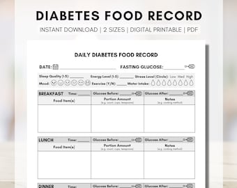 Diabetes Food Journal, Blood Sugar Log, Type 2 Diabetes Tracker, Diabetes Food Management, Education Worksheet (Digital Printable)