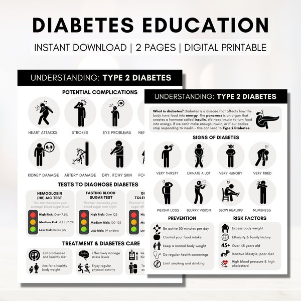 Diabetes Information Handout, Patient Worksheet, Type 2 Diabetes Pamphlet, Chronic Disease Management, Infographic (Digital Printable)