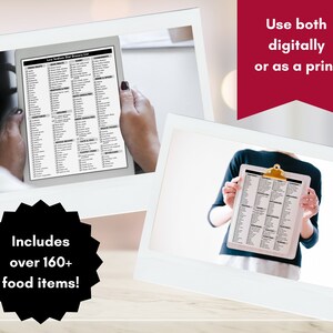 May include: A digital and printable grocery list with over 160 food items. The list is shown on a tablet and a clipboard. The text "Use both digitally or as a print!" is in red text on a white background.