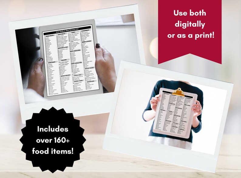 May include: A digital and printable grocery list with over 160 food items. The list is shown on a tablet and a clipboard. The text "Use both digitally or as a print!" is in red text on a white background.