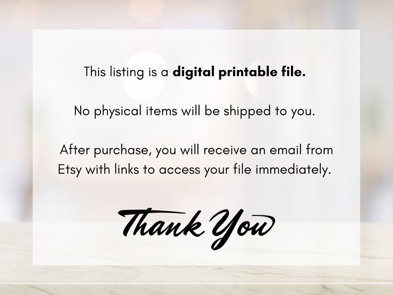 Pu&ograve; includere: Testo su sfondo bianco che recita: "Questo annuncio &egrave; un file digitale stampabile. Non verranno spediti articoli fisici. Dopo l'acquisto, riceverai un'e-mail da Etsy con i link per accedere al tuo file immediatamente. Grazie."