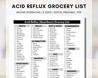 Acid Reflux Grocery List, GERD Heartburn Shopping Food Guide, Low Acid Meal Planner, Nutrition Worksheet, Diet Education (Digital Printable)