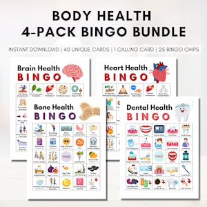 Health BINGO Game Bundle, Includes 4 Games: Brain Health, Heart Health, Dental Health, Bone Health, Classroom, Activity (Digital Printable)