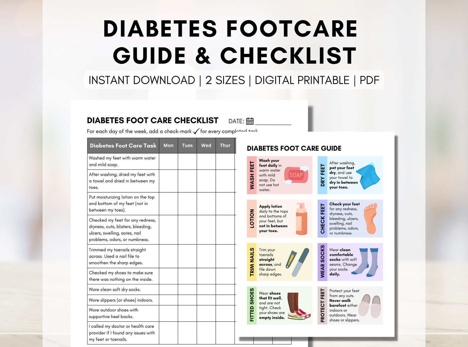 Diabetes Foot Care Checklist, Diabetic Foot Care Guide, Feet Care Log