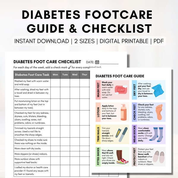 Diabetes Foot Care Checklist, Diabetic Foot Care Guide, Feet Care Log, Tracker, Journal, Patient Education (Digital Printable)