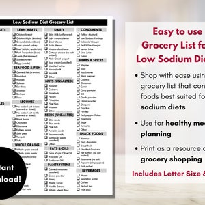 May include: A printable grocery list designed for low sodium diets. The list is divided into categories such as fresh fruits, lean meats, dairy, condiments, herbs & spices, nuts, legumes, seeds, whole grains, fats & oils, pantry items, and beverages. The list includes checkboxes for each item. The text "Easy to use Grocery List for Low Sodium Diets!" is at the top of the page. The text "Shop with ease using a grocery list that contains foods best suited for low sodium diets" is in the right column. The text "Use for healthy meal planning" is in the right column. The text "Print as a resource during grocery shopping" is in the right column. The text "Includes Letter Size & A4!" is at the bottom of the page.