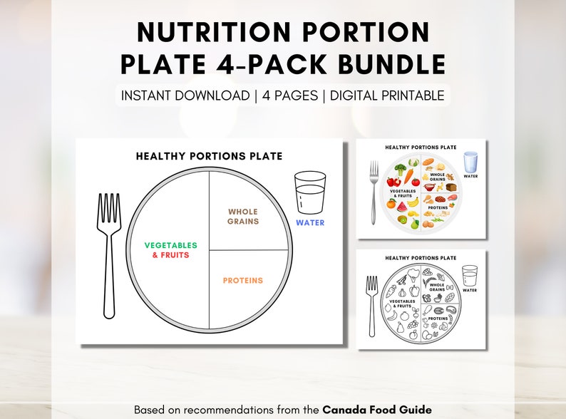 Healthy Portions Plate, Visual Nutrition Eating Guide, Food Portion Control, Dietitian Worksheet, Canada Food Guide Digital Printable image 1