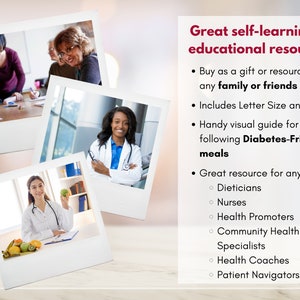 Pu&ograve; includere: Un collage di immagini con professionisti sanitari, tra cui un medico, un'infermiera e un gruppo di persone che discutono di pasti adatti ai diabetici. Il testo "Great self-learning & educational resource!" &egrave; visualizzato nella parte superiore dell'immagine. Il testo "Buy as a gift or resource for any family or friends" &egrave; visualizzato sotto il titolo. Il testo "Includes Letter Size and A4" &egrave; visualizzato sotto il primo punto. Il testo "Handy visual guide for following Diabetes-Friendly meals" &egrave; visualizzato sotto il secondo punto. Il testo "Great resource for any:" &egrave; visualizzato sotto il terzo punto. Il testo "Dieticians, Nurses, Health Promoters, Community Health Specialists, Health Coaches, Patient Navigators" &egrave; visualizzato sotto il quarto punto.