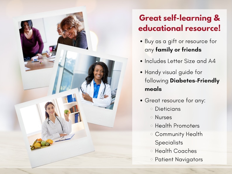Pu&ograve; includere: Un collage di immagini con professionisti sanitari, tra cui un medico, un'infermiera e un gruppo di persone che discutono di pasti adatti ai diabetici. Il testo "Great self-learning & educational resource!" &egrave; visualizzato nella parte superiore dell'immagine. Il testo "Buy as a gift or resource for any family or friends" &egrave; visualizzato sotto il titolo. Il testo "Includes Letter Size and A4" &egrave; visualizzato sotto il primo punto. Il testo "Handy visual guide for following Diabetes-Friendly meals" &egrave; visualizzato sotto il secondo punto. Il testo "Great resource for any:" &egrave; visualizzato sotto il terzo punto. Il testo "Dieticians, Nurses, Health Promoters, Community Health Specialists, Health Coaches, Patient Navigators" &egrave; visualizzato sotto il quarto punto.