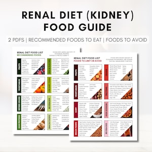 Pode incluir: Um guia imprimível para uma dieta renal, também conhecida como dieta para os rins. O guia é dividido em duas seções: alimentos recomendados e alimentos para limitar ou evitar. O guia lista frutas, vegetais, grãos, proteínas, laticínios, bebidas e lanches.
