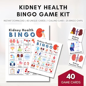 Puede incluir: Un kit de juego de bingo sobre la salud renal. El título "Kidney Health Bingo Game Kit" está en negro y azul. El kit incluye 40 cartas únicas, 1 tarjeta de llamada y 25 fichas de bingo. Las tarjetas del juego presentan ilustraciones sobre temas renales.