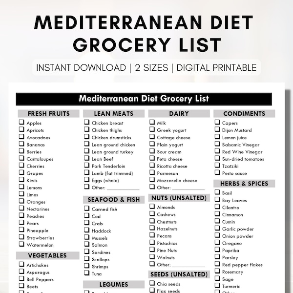 Mediterranean Diet Grocery List, Heart Healthy Shopping List, Food List, Meal Planning, Nutrition (Digital Printable)