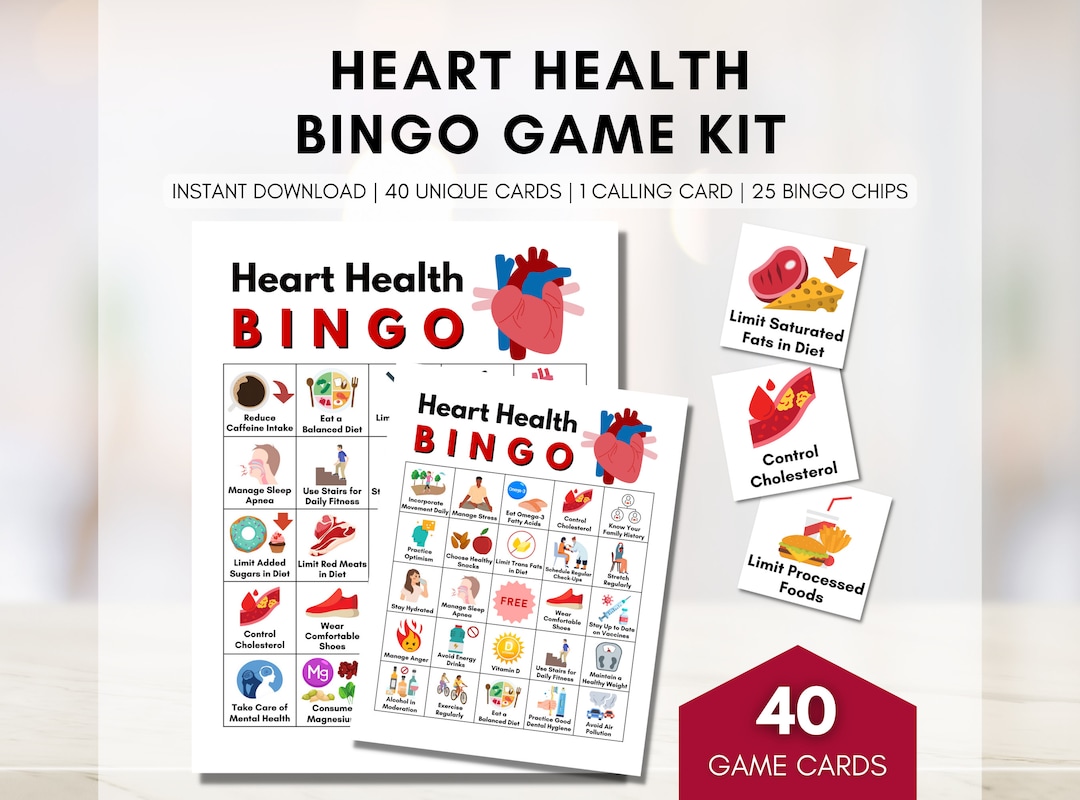 Heart Health BINGO Game, Cardiac Bingo, Health Games, Heart Disease