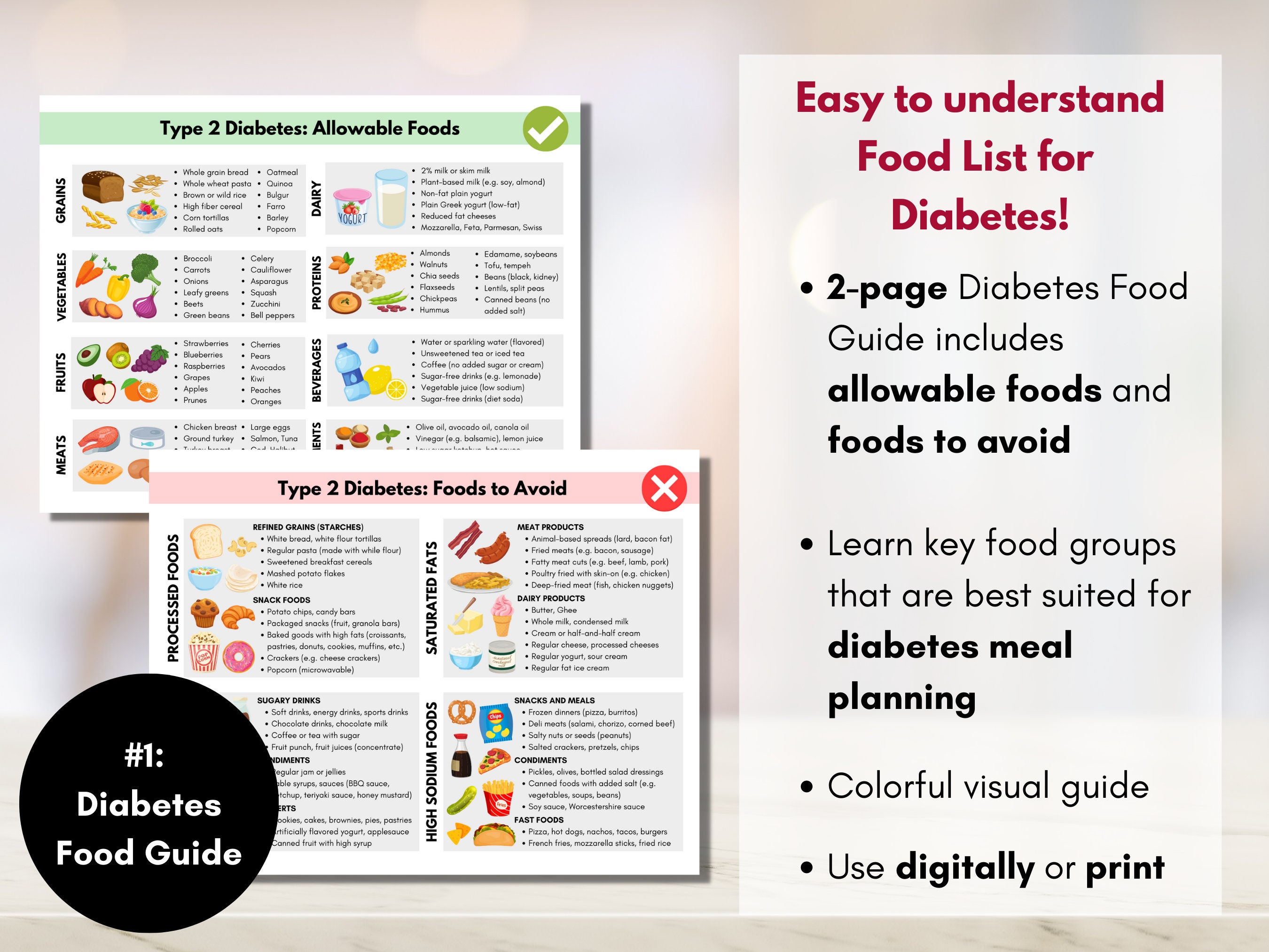 Diabetes Food Guide, Grocery List, Daily Food Tracker, Bundle Set, Type ...