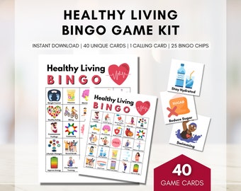 Healthy Living BINGO Game, Health Habits Printable Game, 40 Game Cards, Wellness Learning Activity, Fitness and Exercise (Digital Printable)