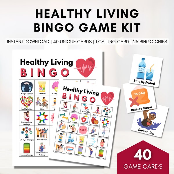 Healthy Living BINGO Game, Health Habits Printable Game, 40 Game Cards, Wellness Learning Activity, Fitness and Exercise (Digital Printable)