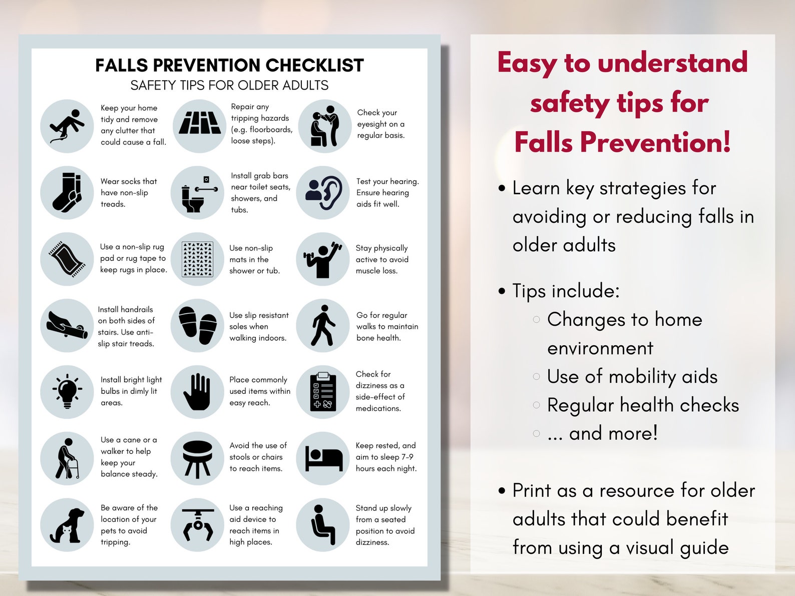 Falls Prevention Checklist, Falls Injury Tip Sheet, Seniors Health