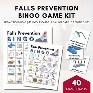 Jogo de BINGO para prevenção de quedas, estratégia de prevenção de lesões por quedas, jogo de bem-estar para idosos, ocupacional, fisioterapia (impressão digital)