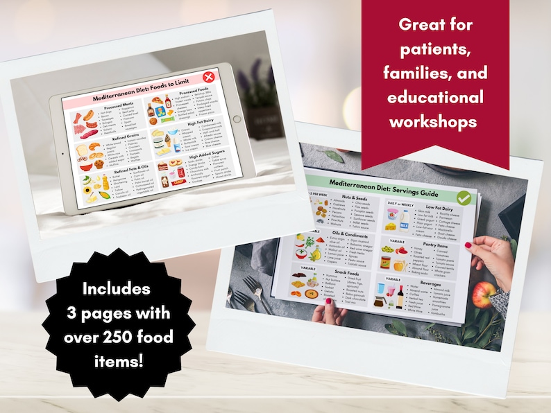 May include: Two printable pages with a green checkmark and a red X. The pages are titled "Mediterranean Diet: Foods to Limit" and "Mediterranean Diet: Servings Guide". The pages contain lists of foods and their serving sizes. The text "Great for patients, families, and educational workshops" is in red text on a white background. The text "Includes 3 pages with over 250 food items!" is in white text on a black background.