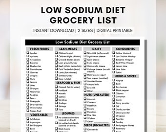 Low Sodium Diet Grocery List, Low Salt Shopping List, High Blood Pressure Food List, Hypertension Meal Planning (Digital Printable)