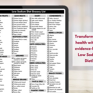 May include: A black and white checklist on a tablet screen titled "Low Sodium Diet Grocery List". The list is divided into categories such as Fresh Fruits, Lean Meats, Dairy, Condiments, Herbs & Spices, Seafood & Fish, Nuts (Unsalted), Legumes, Seeds (Unsalted), Whole Grains, Fats & Oils, Pantry Items, and Snack Foods. The list includes a variety of food items that are low in sodium.