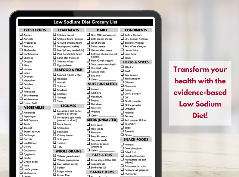 May include: A black and white checklist on a tablet screen titled "Low Sodium Diet Grocery List". The list is divided into categories such as Fresh Fruits, Lean Meats, Dairy, Condiments, Herbs & Spices, Seafood & Fish, Nuts (Unsalted), Legumes, Seeds (Unsalted), Whole Grains, Fats & Oils, Pantry Items, and Snack Foods. The list includes a variety of food items that are low in sodium.