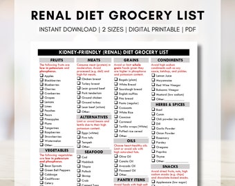 Renal Diet Grocery List, Kidney Diet Shopping List, Kidney Disease Food Guide, Low Potassium Meal Planner, Low Sodium (Digital Printable)