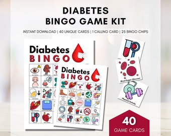 May include: A diabetes bingo game kit with 40 unique cards, a calling card, and 25 bingo chips. The cards feature various images related to diabetes, such as blood sugar, insulin, and physical activity. The game is designed to help people learn about diabetes and its management.