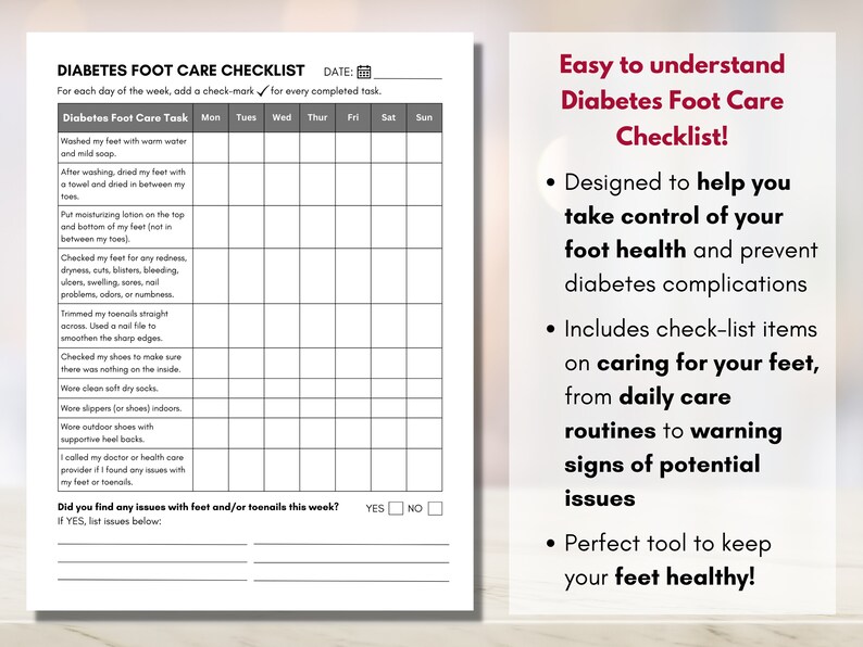 Diabetes Foot Care Checklist, Diabetic Foot Care Guide, Feet Care Log