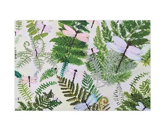 May include: A rectangular print featuring a pattern of green ferns and pastel-colored dragonflies. The dragonflies have delicate wings in shades of pink, blue, and lavender. The ferns are painted in various shades of green, creating a natural, botanical theme.
