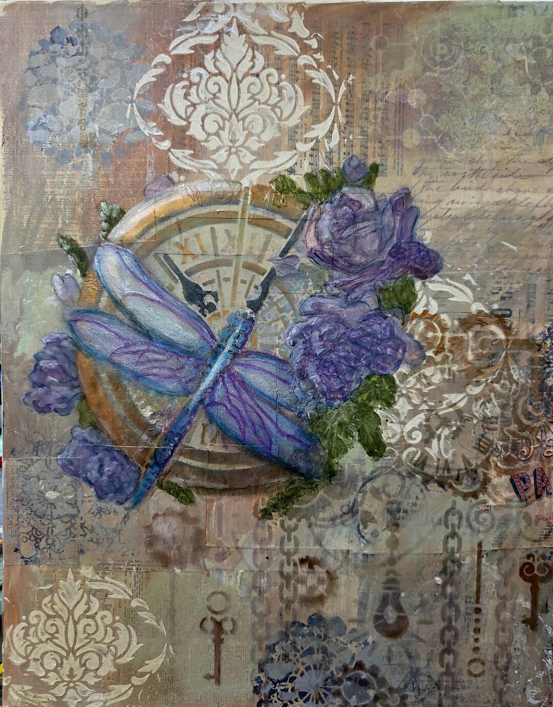 Dragonfly Clock Roses Dragonfly Clock Art, Lavender Floral Handmade Collage - Etsy